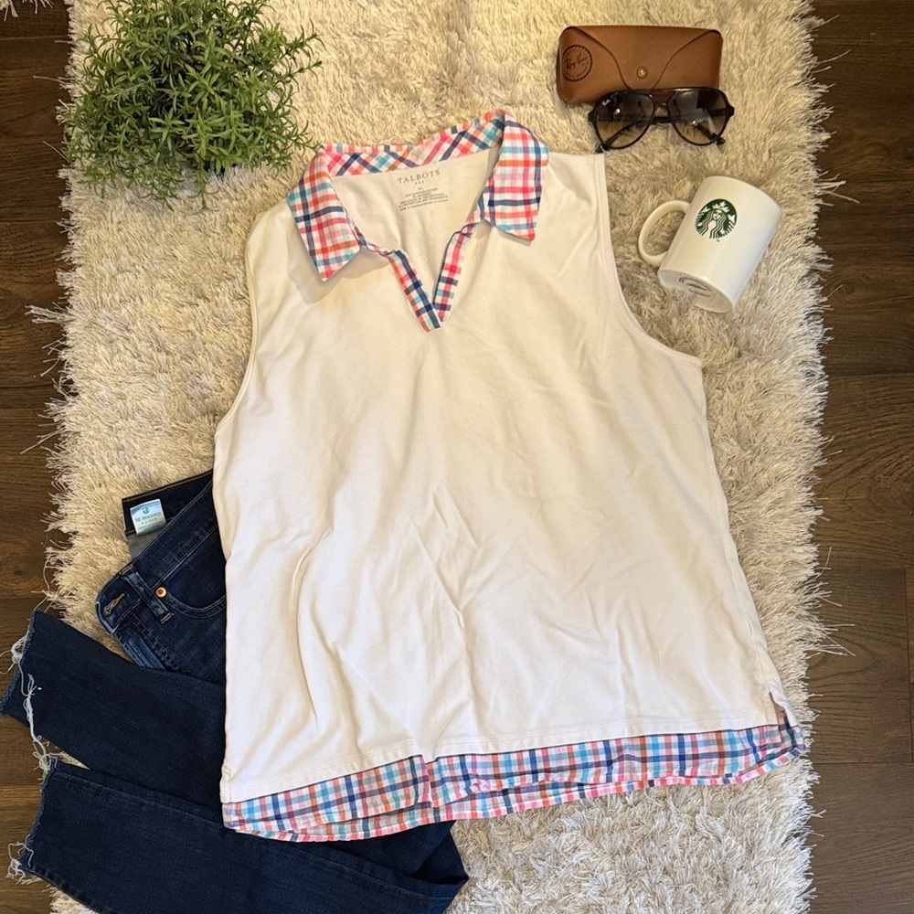 EUC Talbots Sleeveless Collared Tank Top with Madras Trim XL